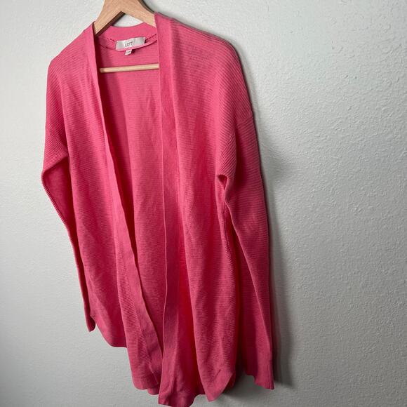 Loft Women's Size Small Linen Blend Long Open Pink Cardigan Ribbed Lightweight - Picture 7 of 10